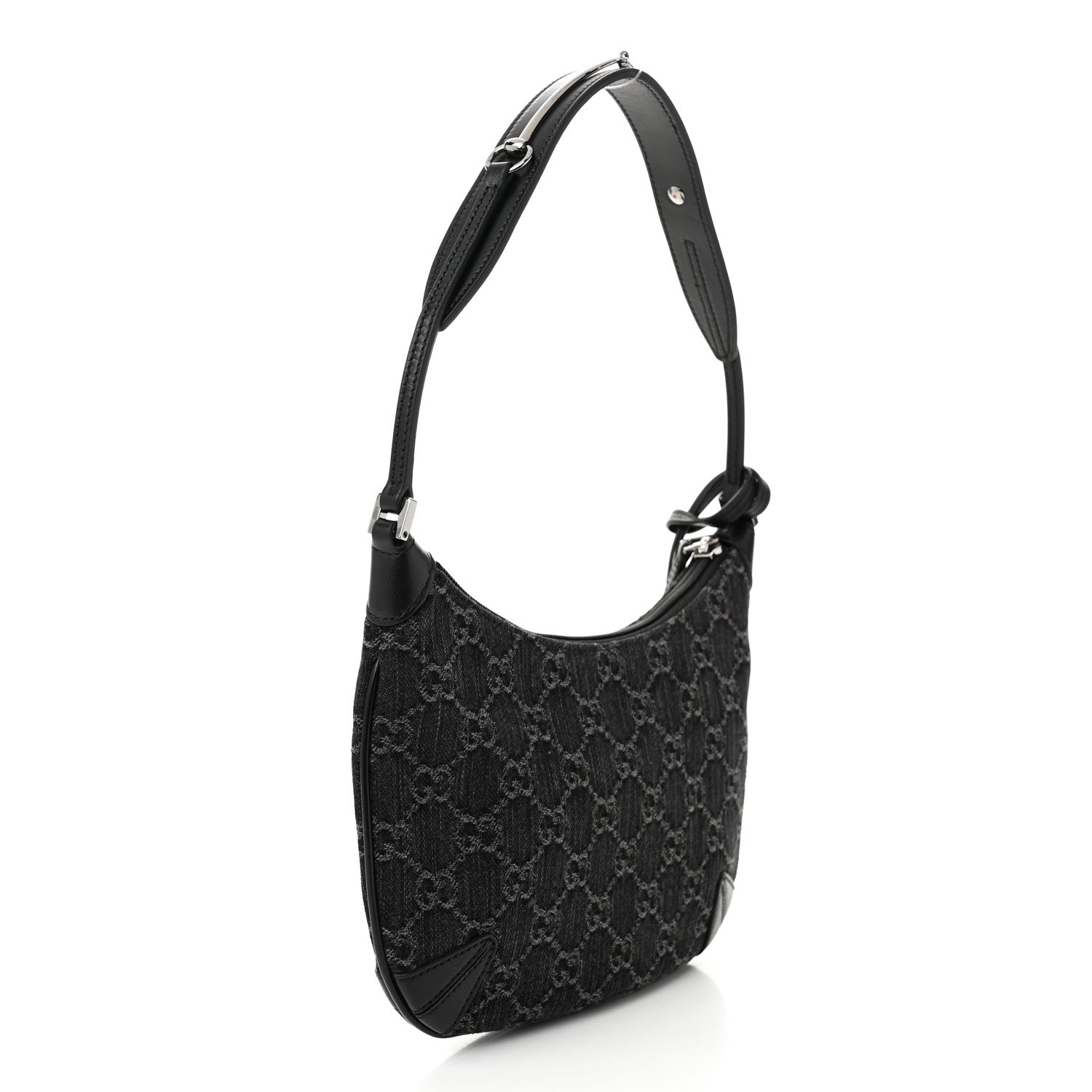 Gucci Jacquard Black Denim GG Monogram Horsebit Slim Small Shoulder Bag Black Grey 3 of 9