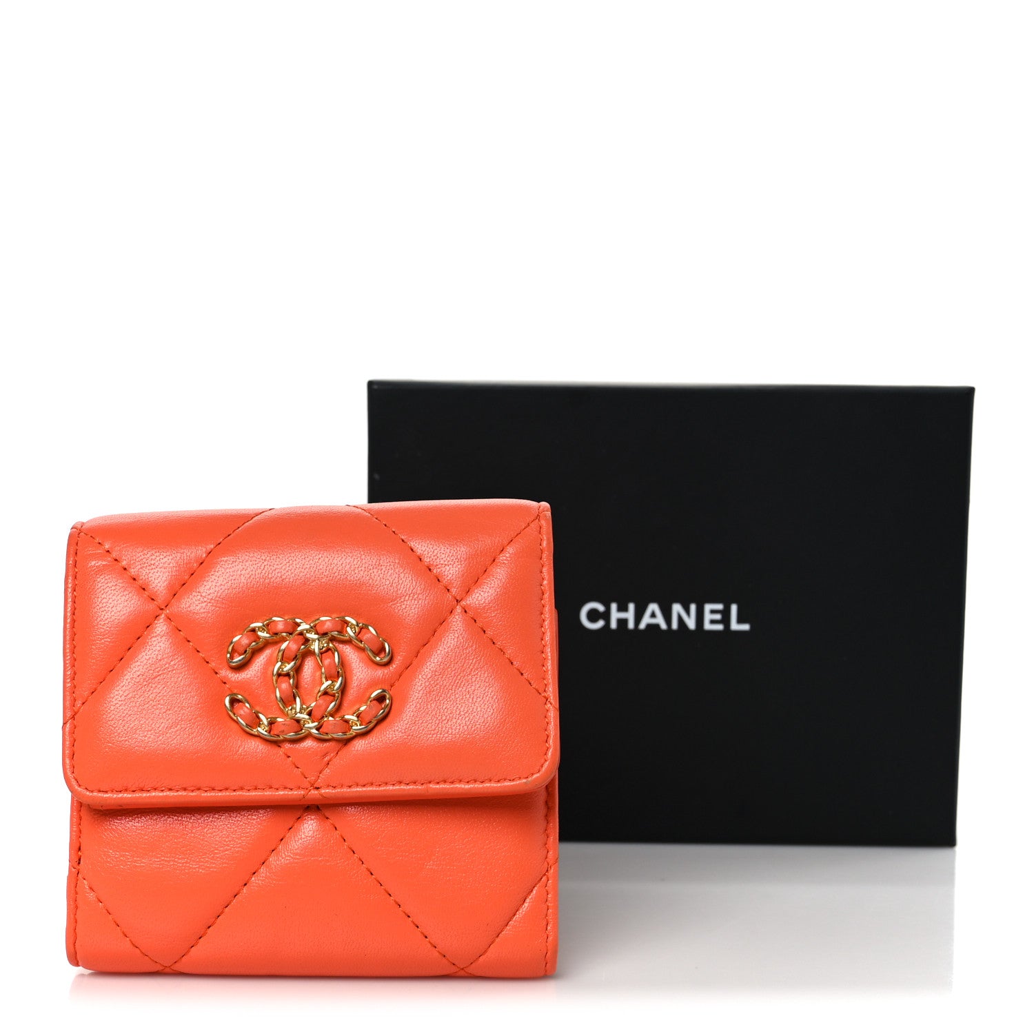 Chanel Goatskin Quilted Chanel 19 Small Flap Wallet Orange 11 of 11