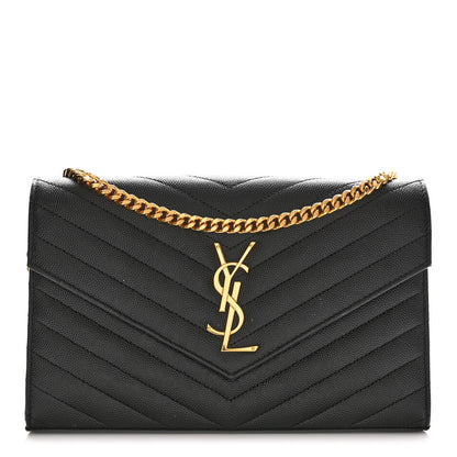 Saint Laurent Grain De Poudre Matelasse Chevron Monogram Chain Wallet Black 1 of 11