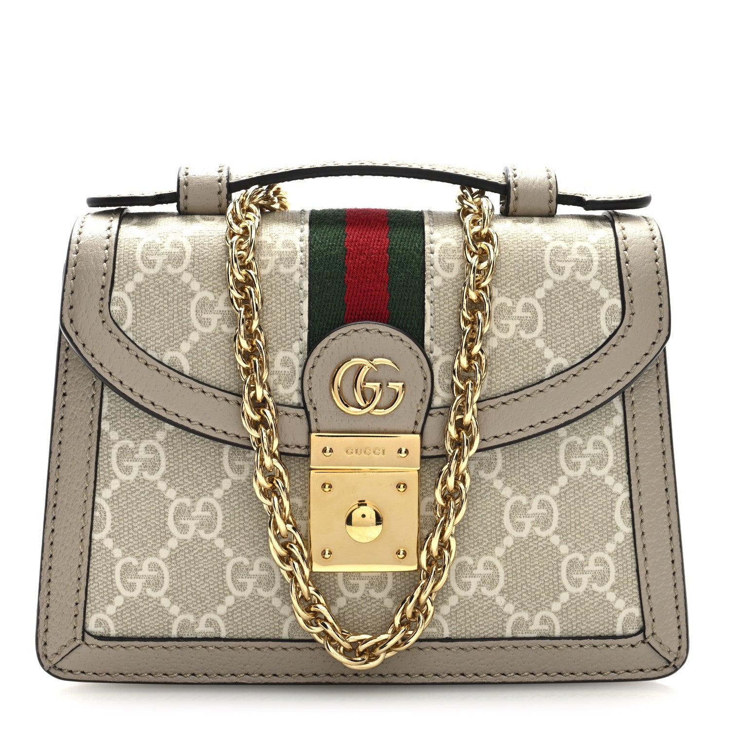 Gucci GG Supreme Monogram Textured Dollar Calfskin Web Mini Ophidia Padlock Top Handle Chain Shoulder Bag Beige Mystic White Oatmeal 1 of 9
