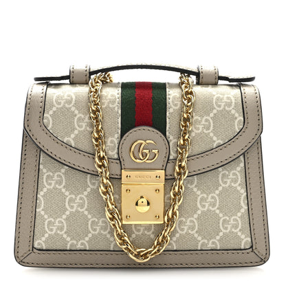 Gucci GG Supreme Monogram Textured Dollar Calfskin Web Mini Ophidia Padlock Top Handle Chain Shoulder Bag Beige Mystic White Oatmeal 1 of 9