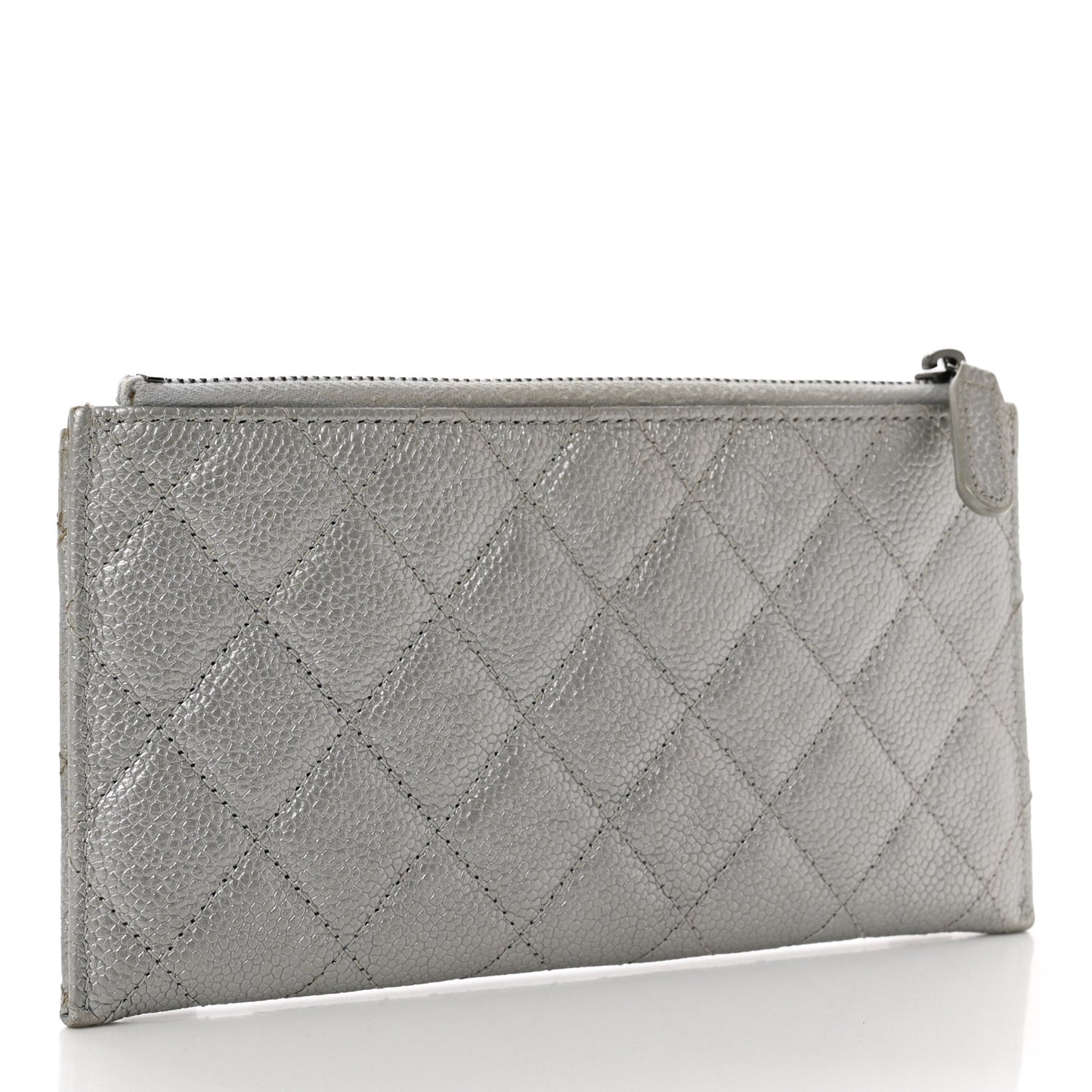 Metallic Caviar Quilted Classic Zip Pouch Silver