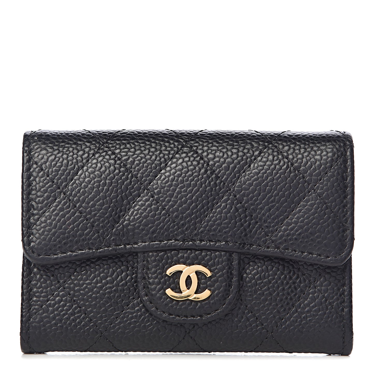 Caviar Quilted Flap Card Holder Wallet Black