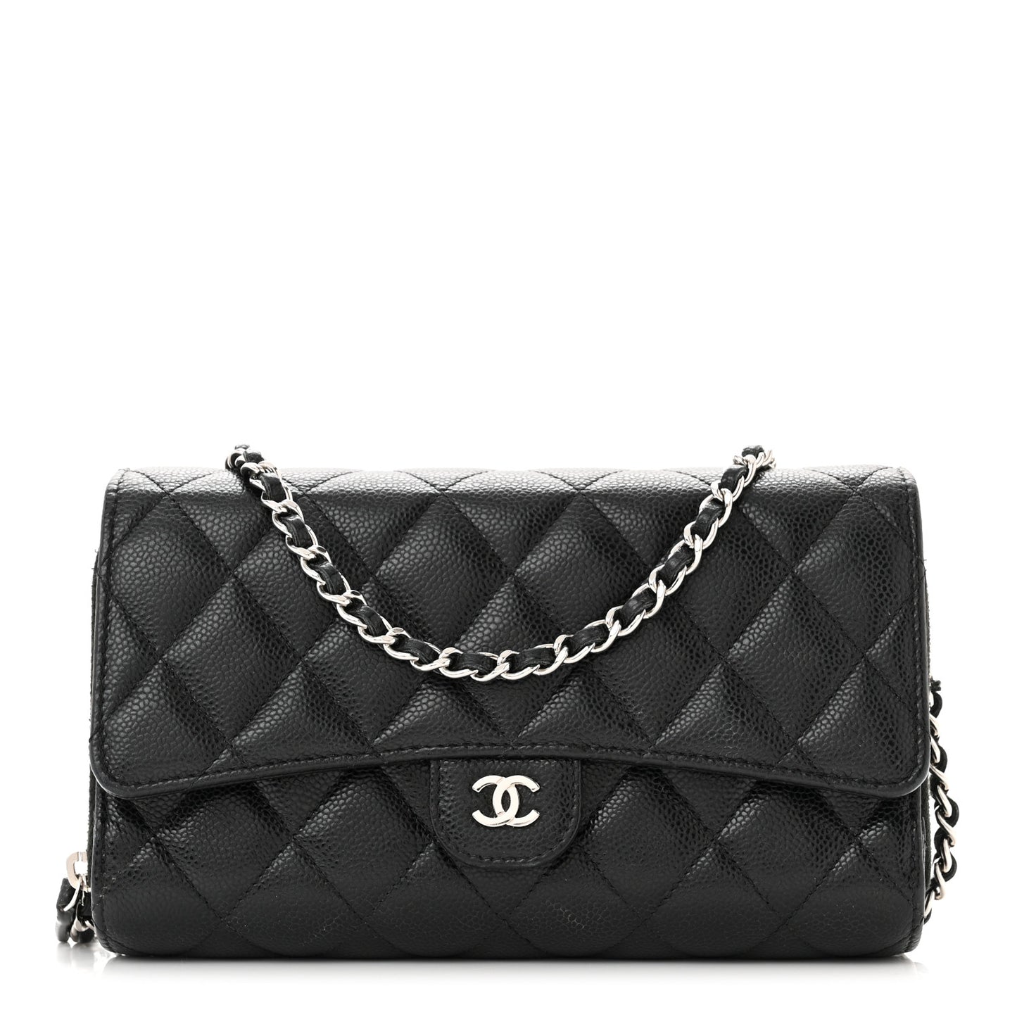 Caviar Quilted Phone Holder Wallet on Removable Chain Black