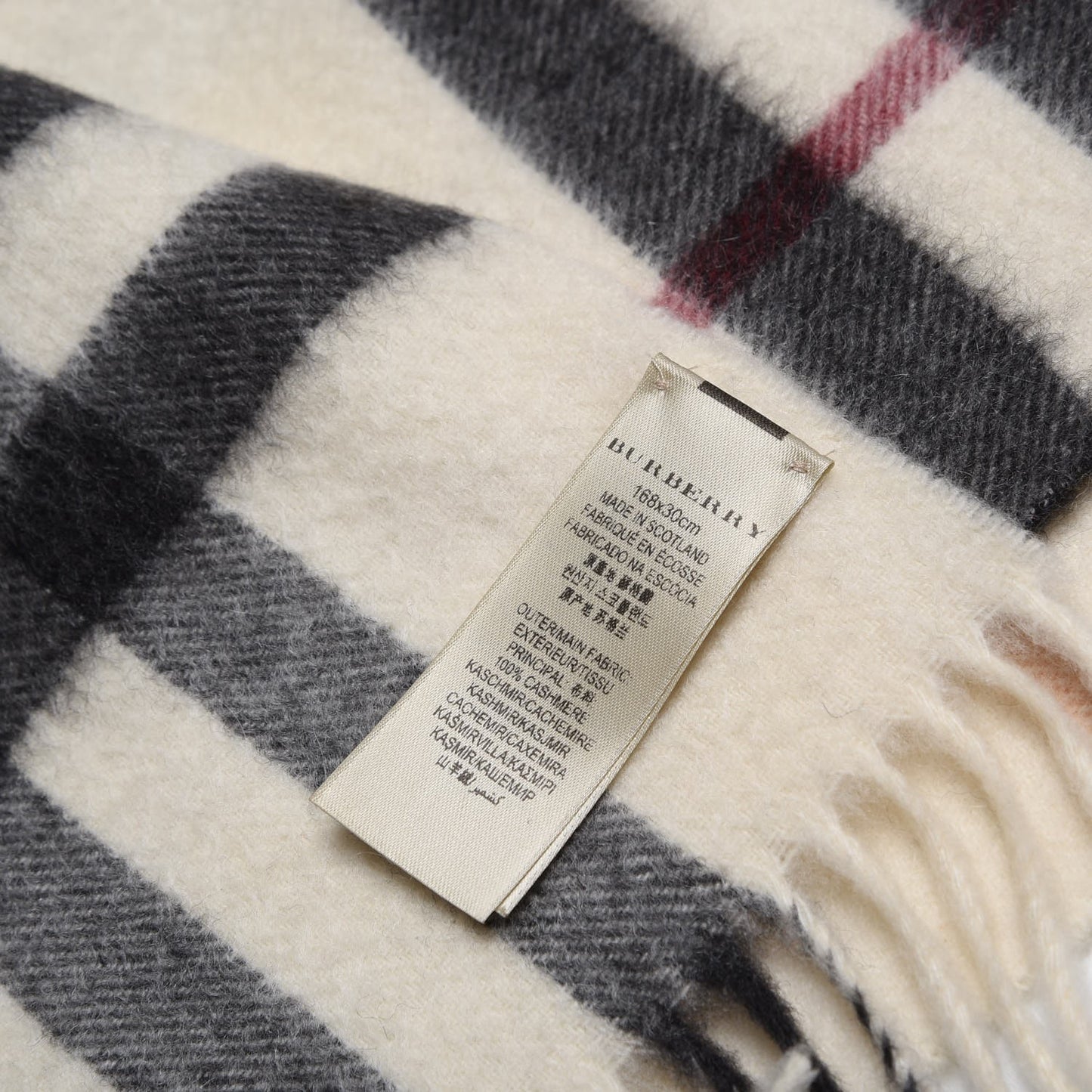 Cashmere Giant Check Fringe Scarf Ivory
