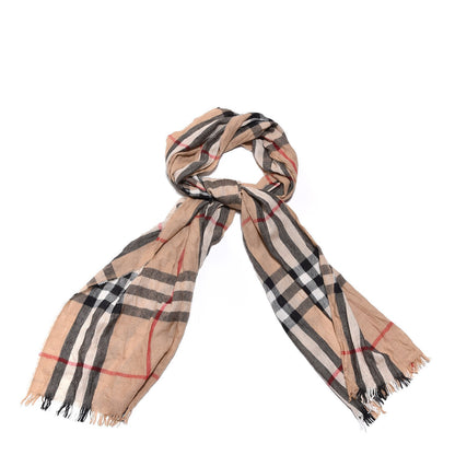 Burberry Merino Wool Cashmere Giant Check Lightweight Scarf Camel 1 of 5