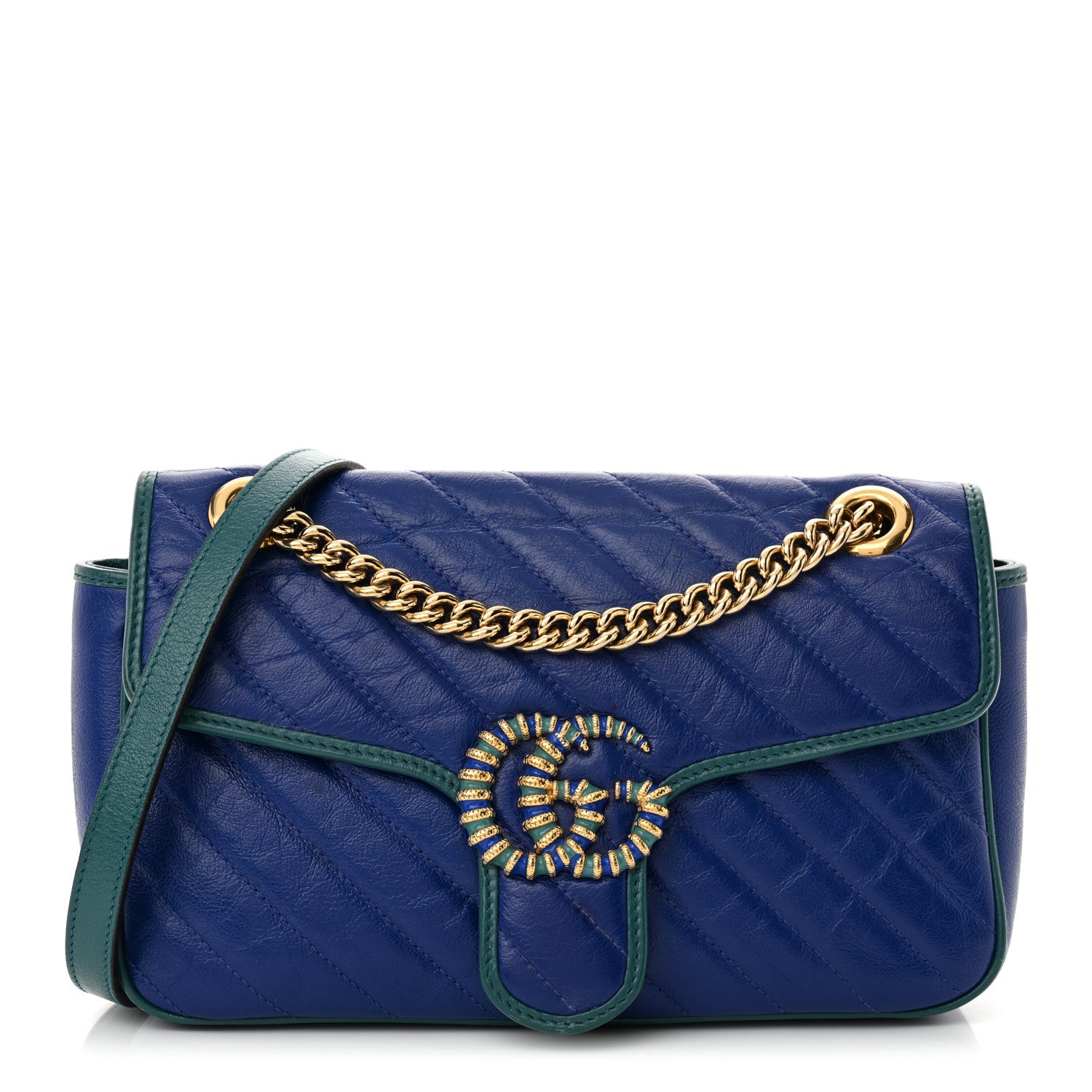 Gucci Azalea Calfskin Enamel Matelasse Diagonal Small Torchon GG Marmont Shoulder Bag Imperial Blue Pavone 1 of 11