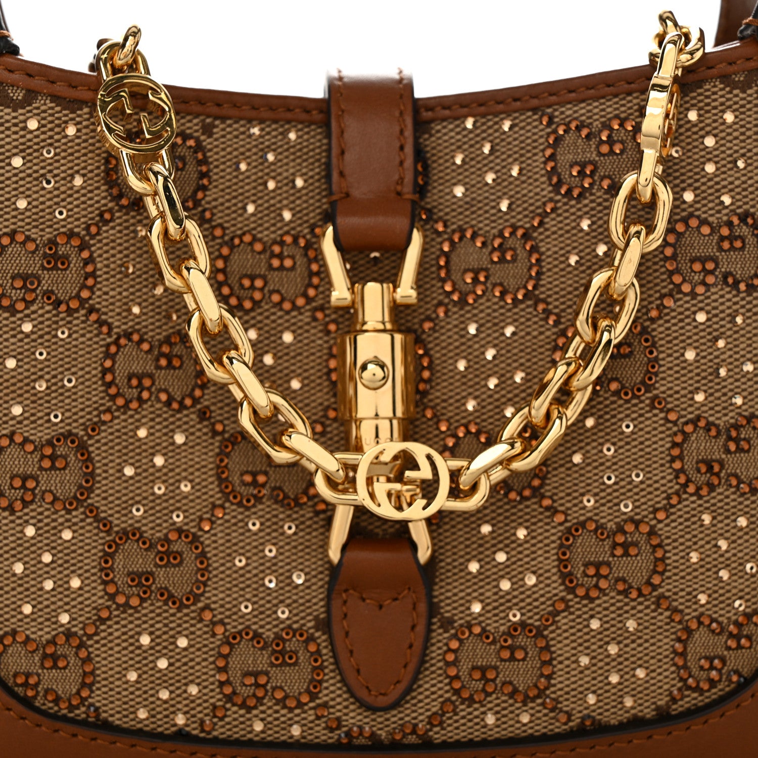 Gucci New Canvas Charisma Calfskin Crystal GG Monogram Mini Jackie 1961 Hobo Camel Ebony 8 of 11