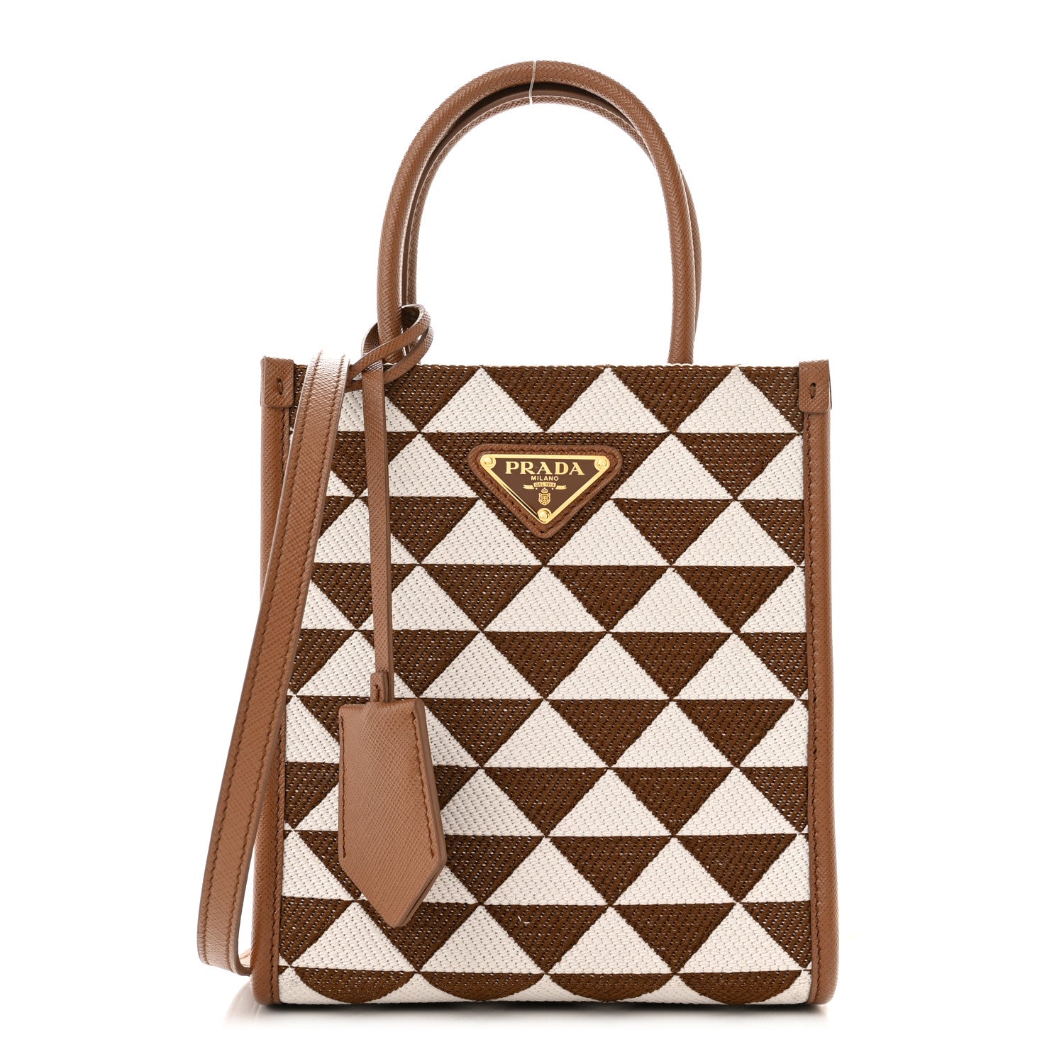 Prada Jacquard Saffiano Triangolo Symbole Embroidered Micro Tote Tobacco Talco 1 of 9