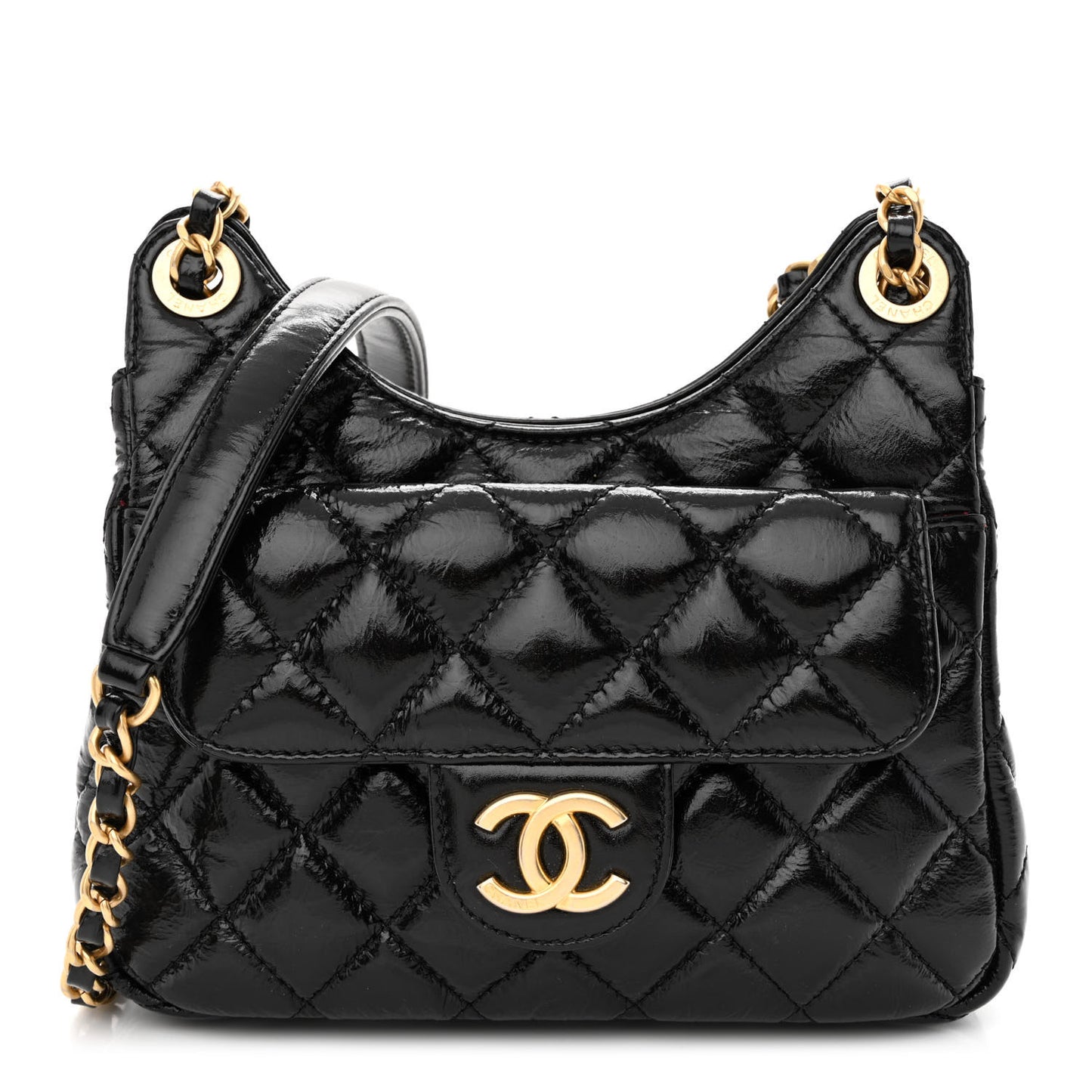 Shiny Crumpled Calfskin Quilted Small Wavy CC Hobo Black