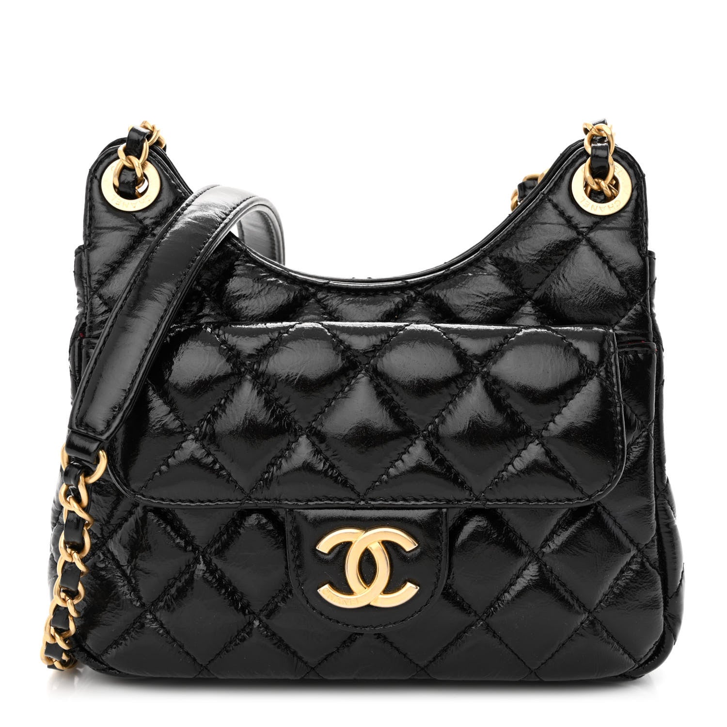 Chanel Shiny Crumpled Calfskin Quilted Small Wavy CC Hobo Black 1 of 10