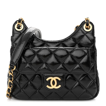 Chanel Shiny Crumpled Calfskin Quilted Small Wavy CC Hobo Black 1 of 10