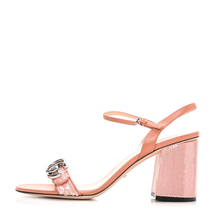 Gucci Sequin Satin Malaga Kid GG Marmont Ankle Wrap 75mm Sandals 40.5 Antique Rose Rosa Pale Pink 1 of 8