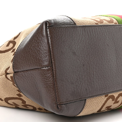 Gucci Monogram Jumbo GG Textured Dollar Calfskin Web Medium Ophidia Shopping Tote Camel Ebony 9 of 10