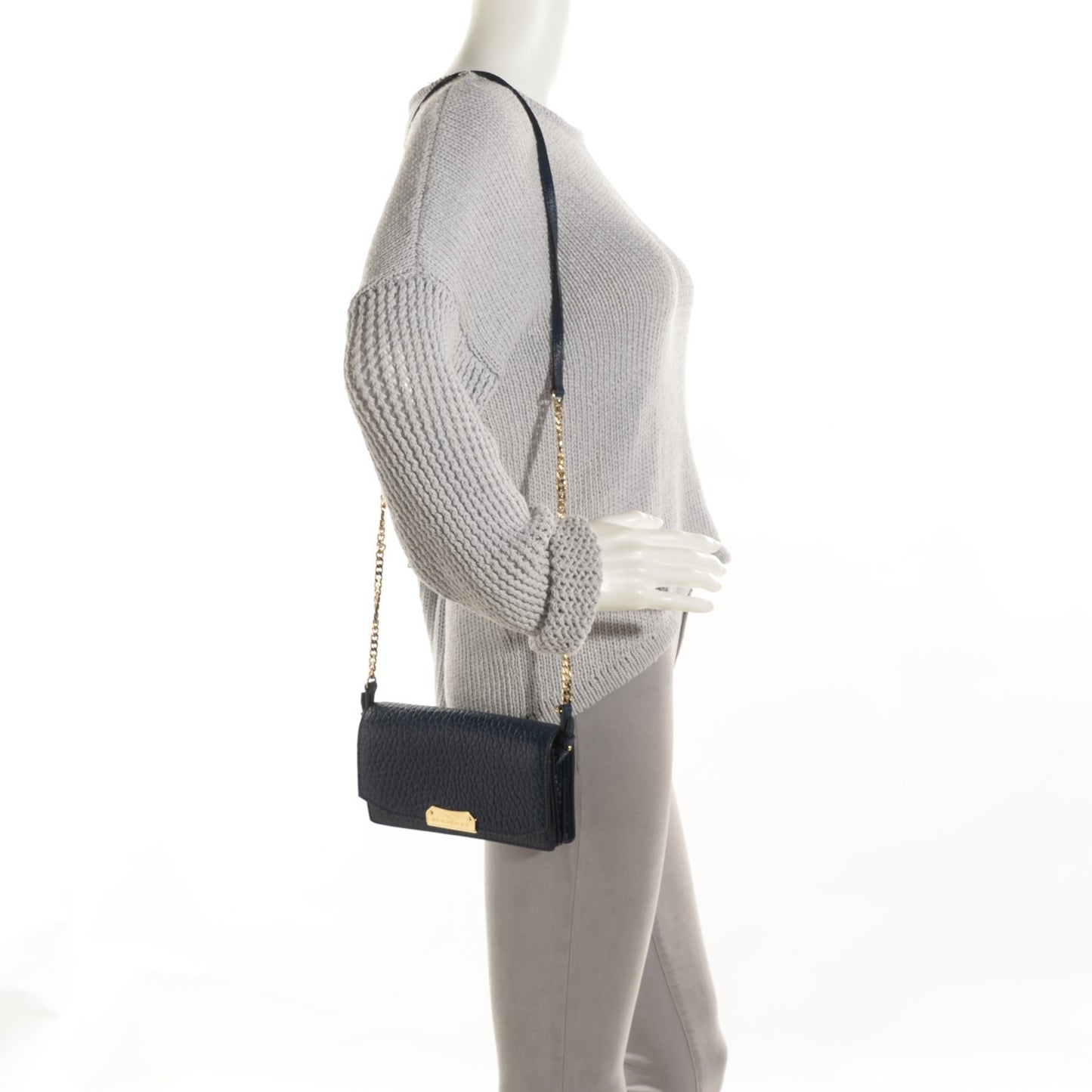 Signature Grain Clutch With Chain Blue Carbon