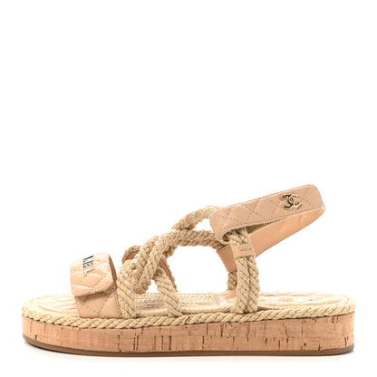 Chanel Cord Lambskin Quilted Logo Sandals 37 Beige 1 of 8
