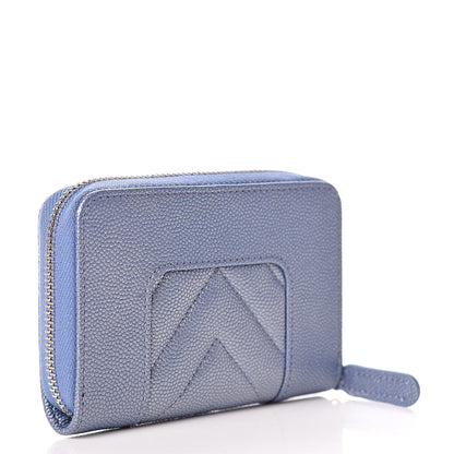 Chanel Metallic Caviar Chevron Quilted Vintage Mademoiselle Zip Coin Purse Light Blue 3 of 10