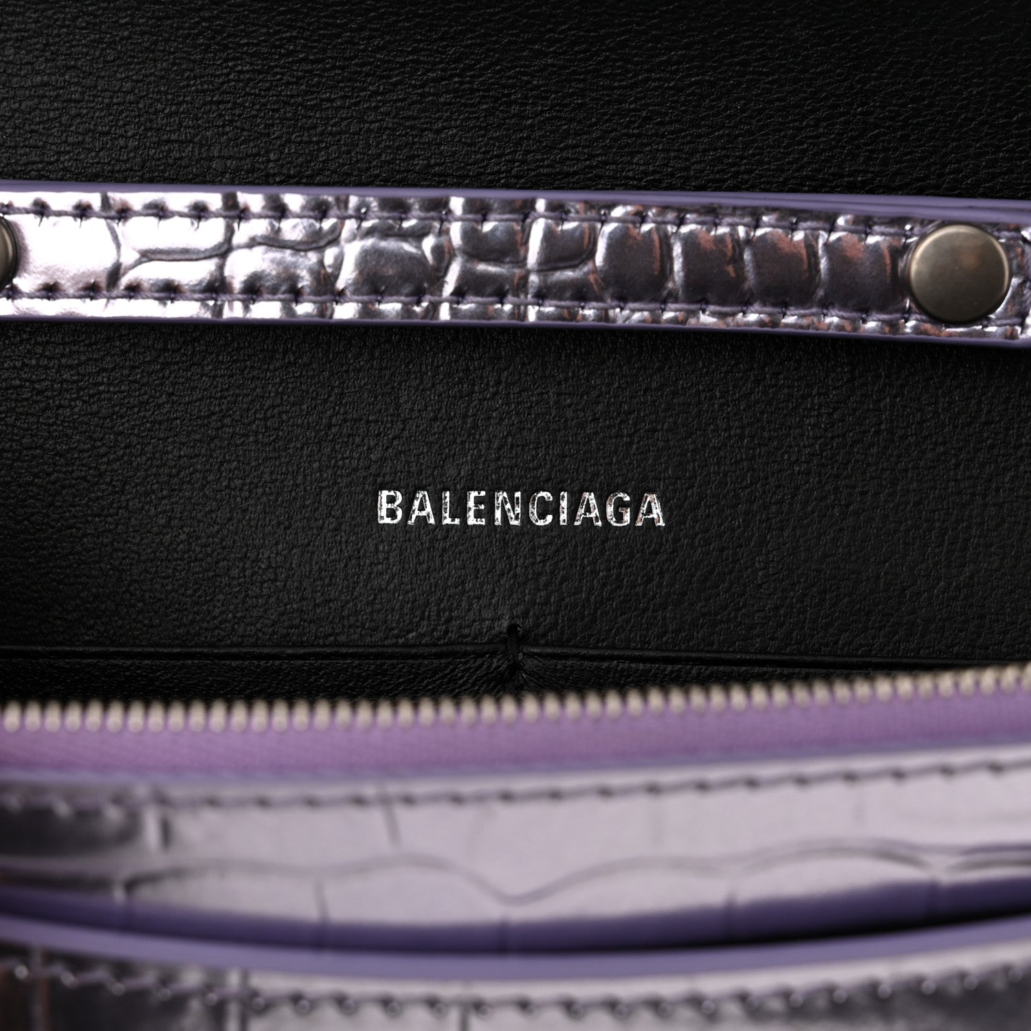 Balenciaga Shiny Metallic Calfskin Crocodile Embossed Hourglass Chain Bag Lilac 6 of 11
