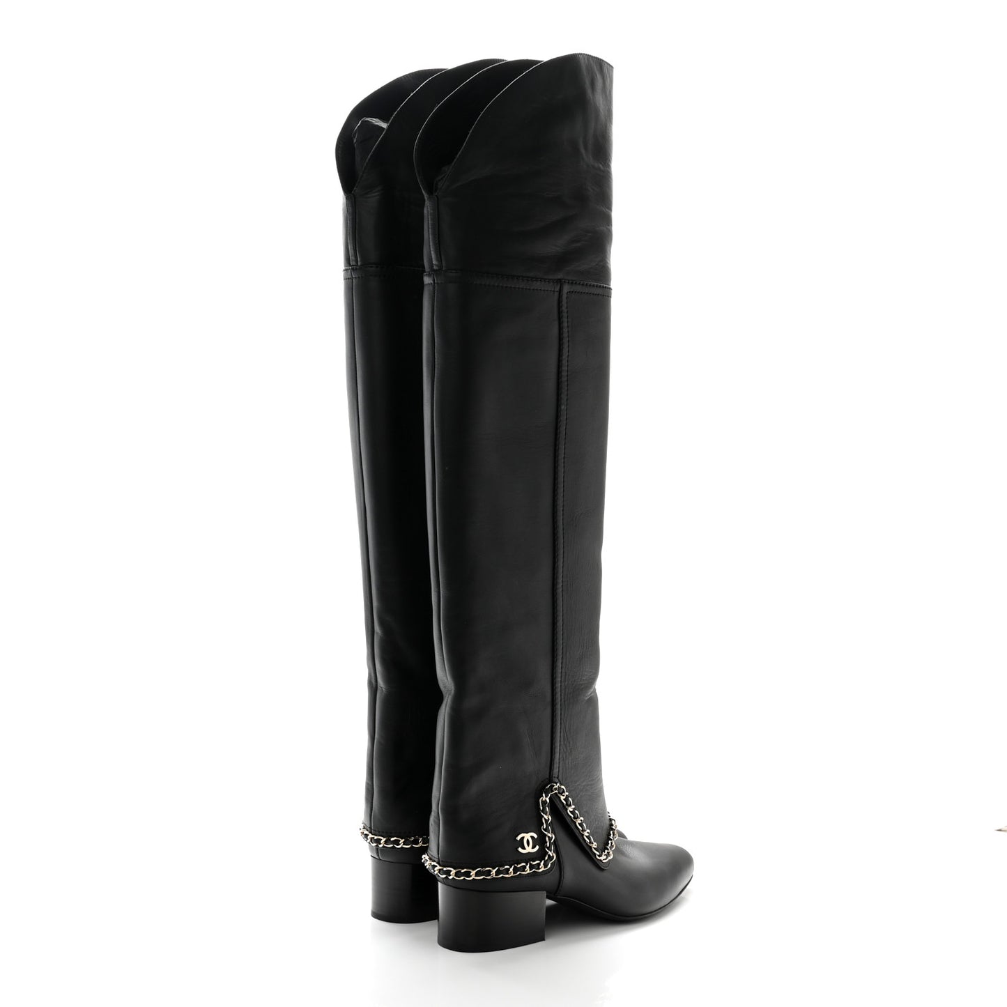 Calfskin Knee High Chain Boots 39 Black