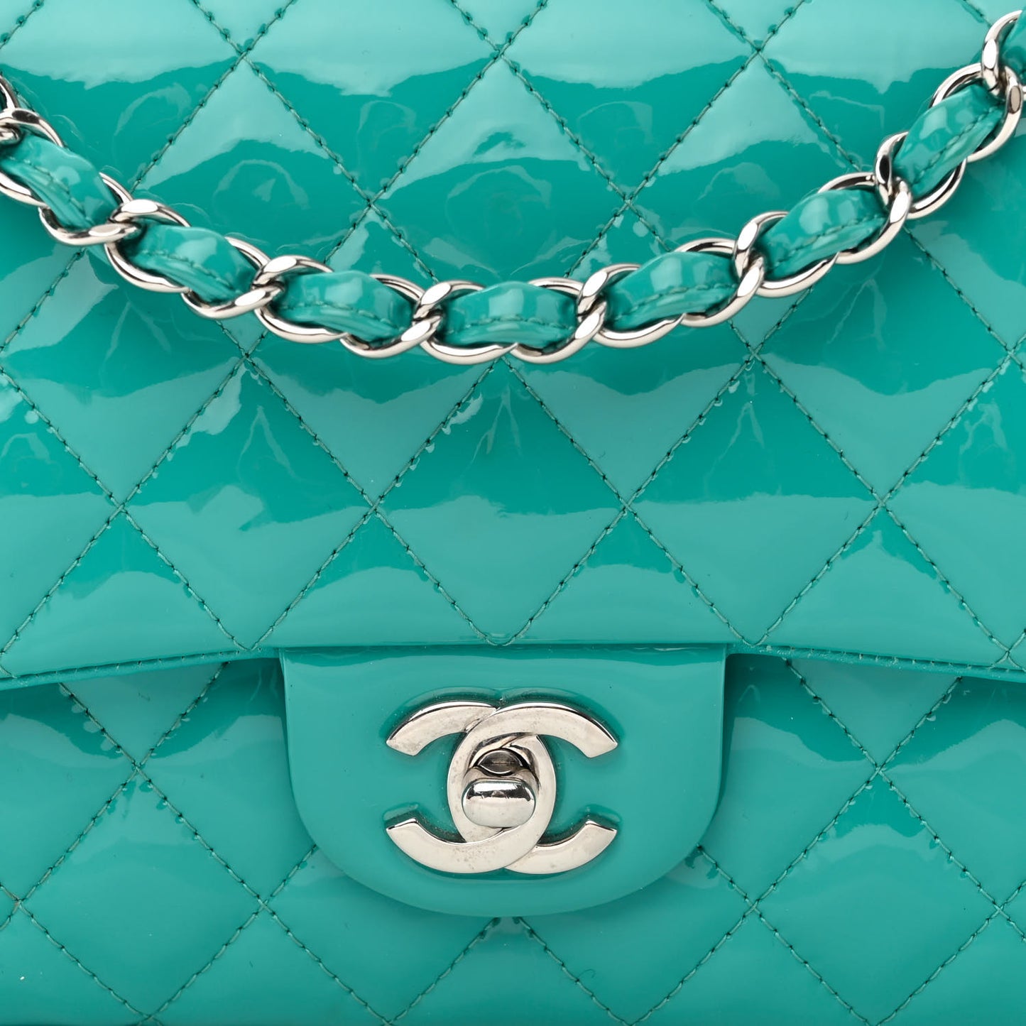 Patent Quilted Medium Double Flap Turquoise
