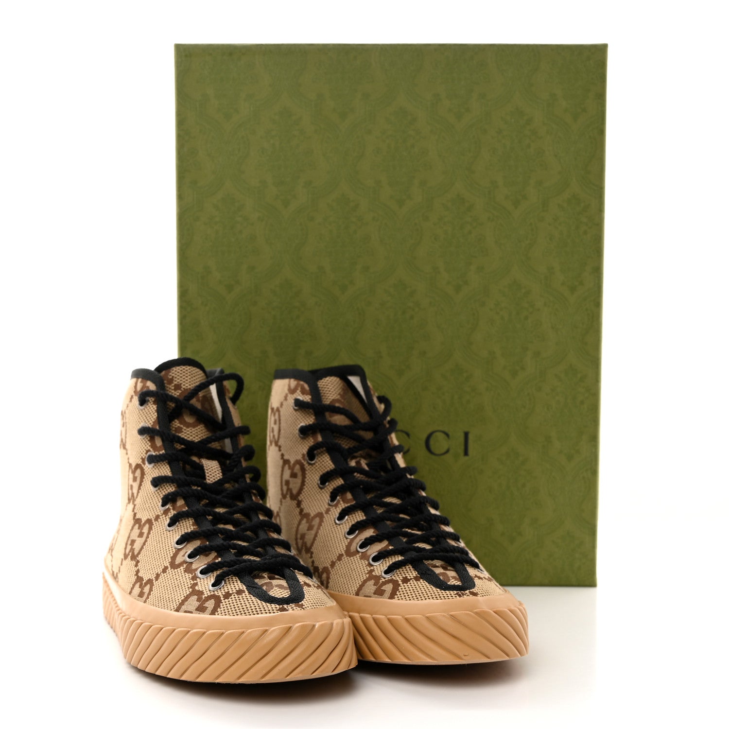 Gucci Monogram Jumbo GG New Lace Papin Mens Tortuga High Top Sneakers 10 Camel Ebony Black 12 of 12