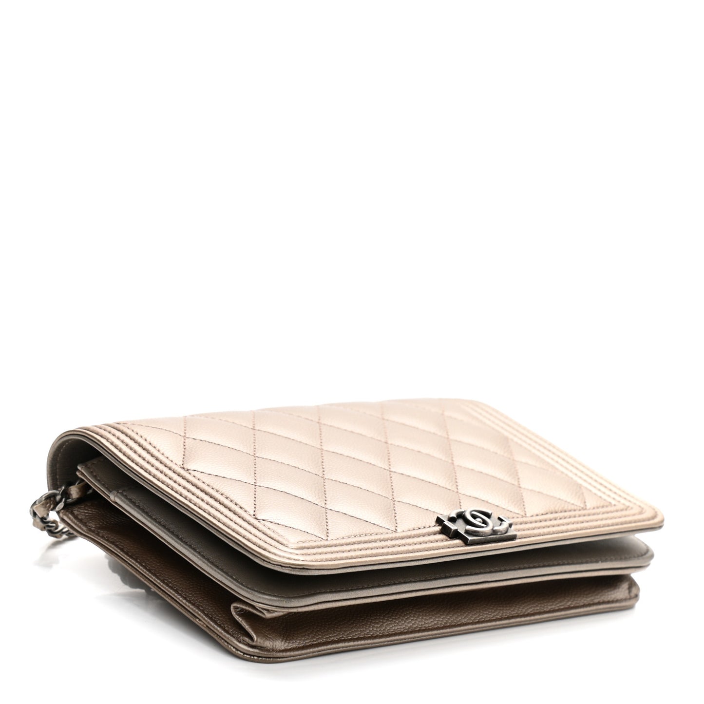 Metallic Caviar Quilted Boy Wallet On Chain WOC Light Gold