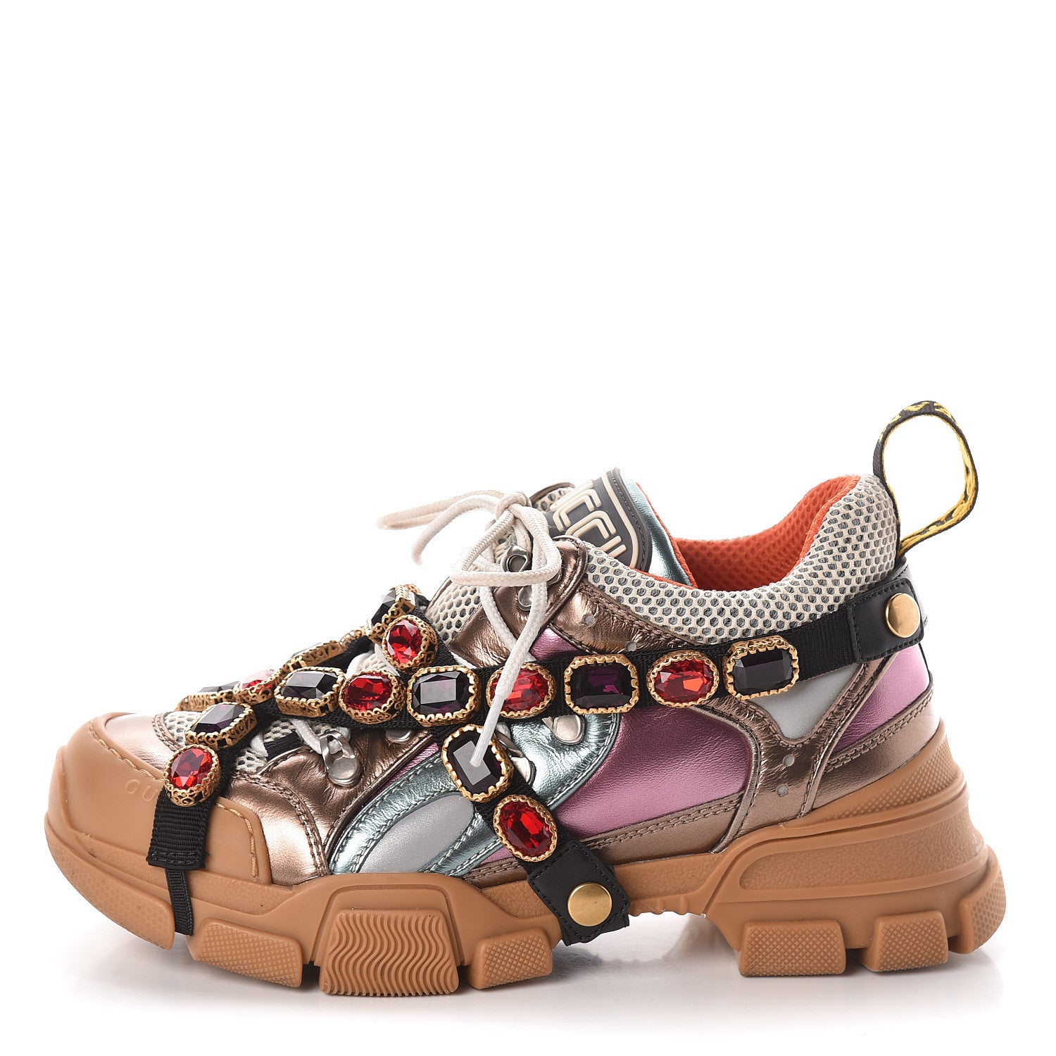 Gucci X SEGA Metallic Calfskin Mesh Removable Crystals Womens Flashtrek Sneakers 37.5 Rame Mystic White Lago 1 of 8