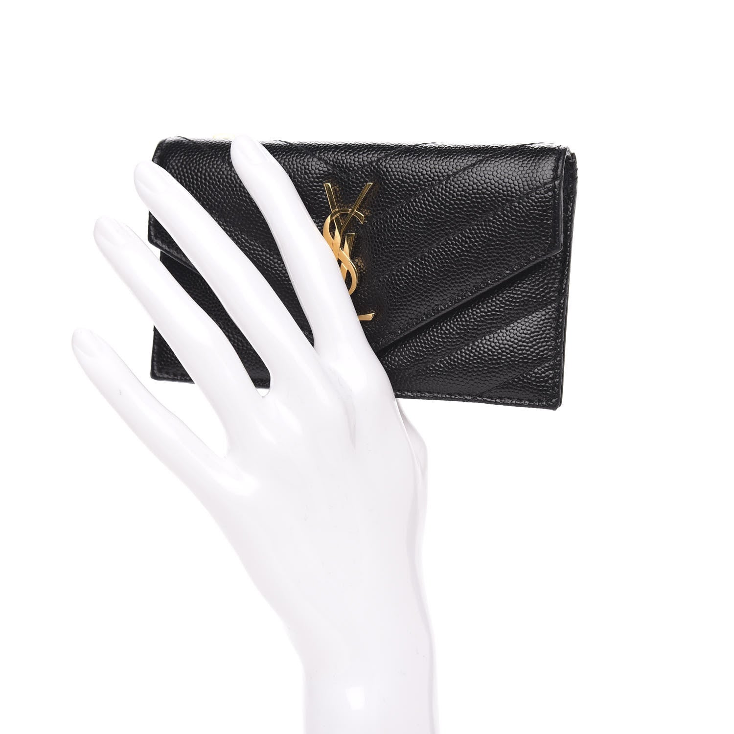 Saint Laurent Grain De Poudre Matelasse Chevron Monogram Compact Wallet Black 2 of 7