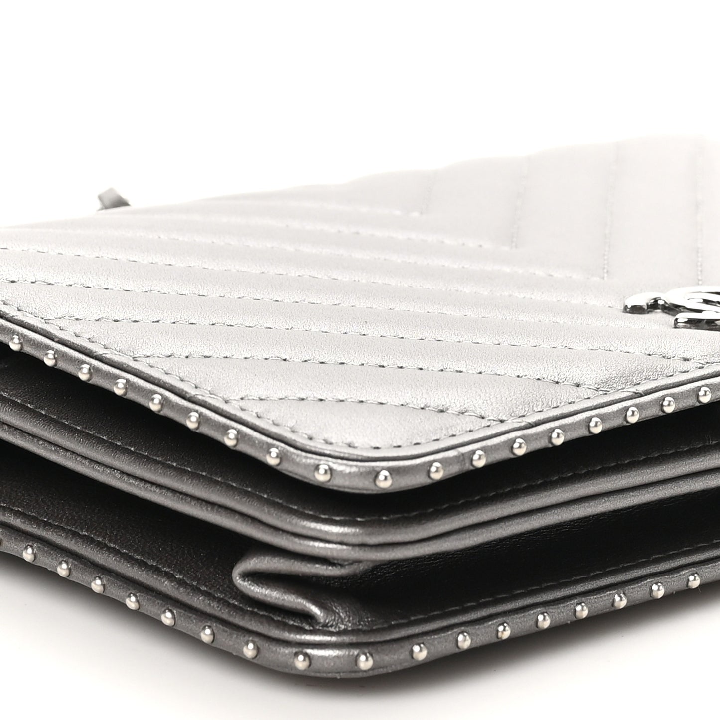 Lambskin Chevron Quilted Studded Wallet On Chain WOC Dark Silver