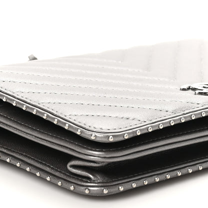 Chanel Lambskin Chevron Quilted Studded Wallet On Chain WOC Dark Silver 8 of 11