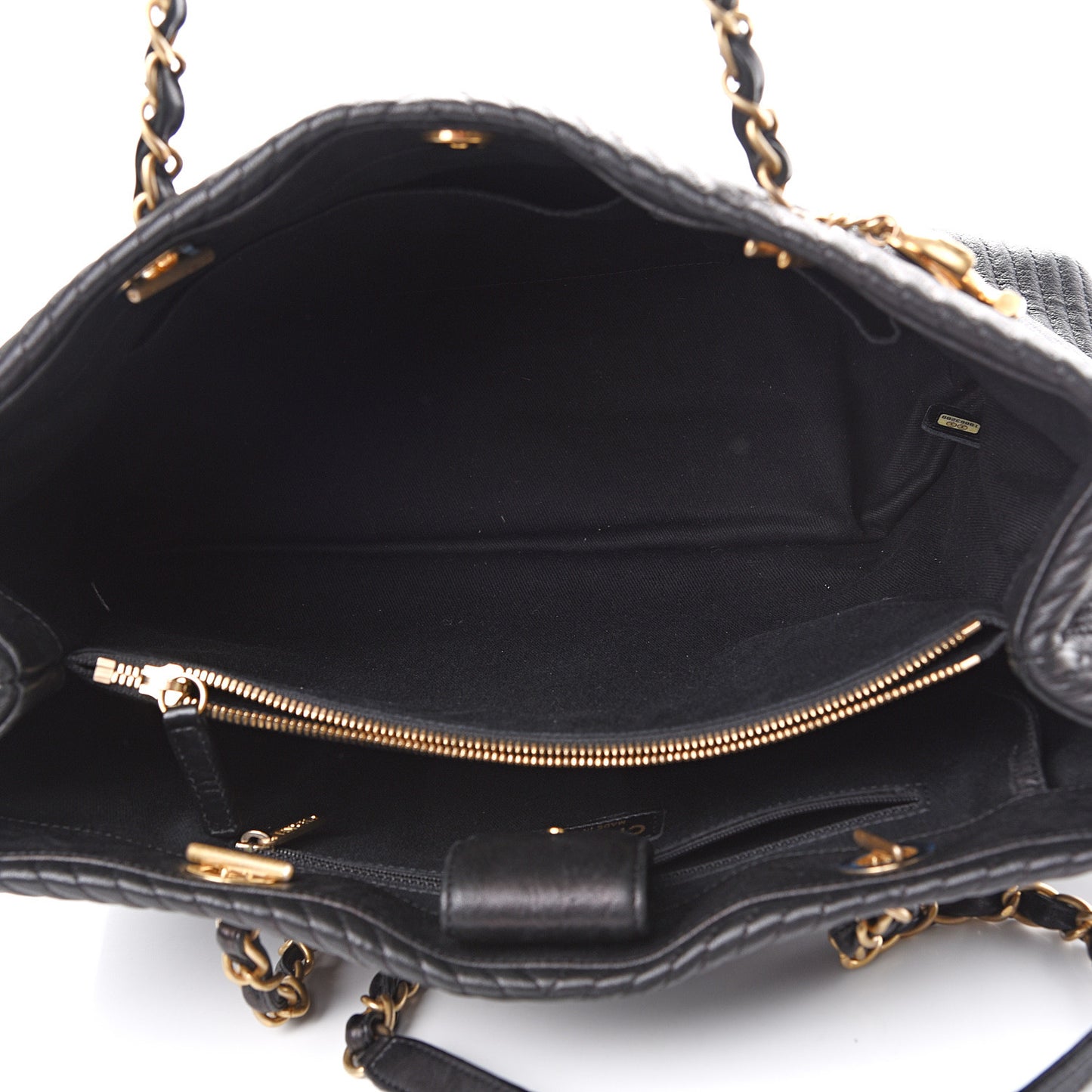Wrinkled Lambskin Chevron Quilted Large Surpique Tote Black