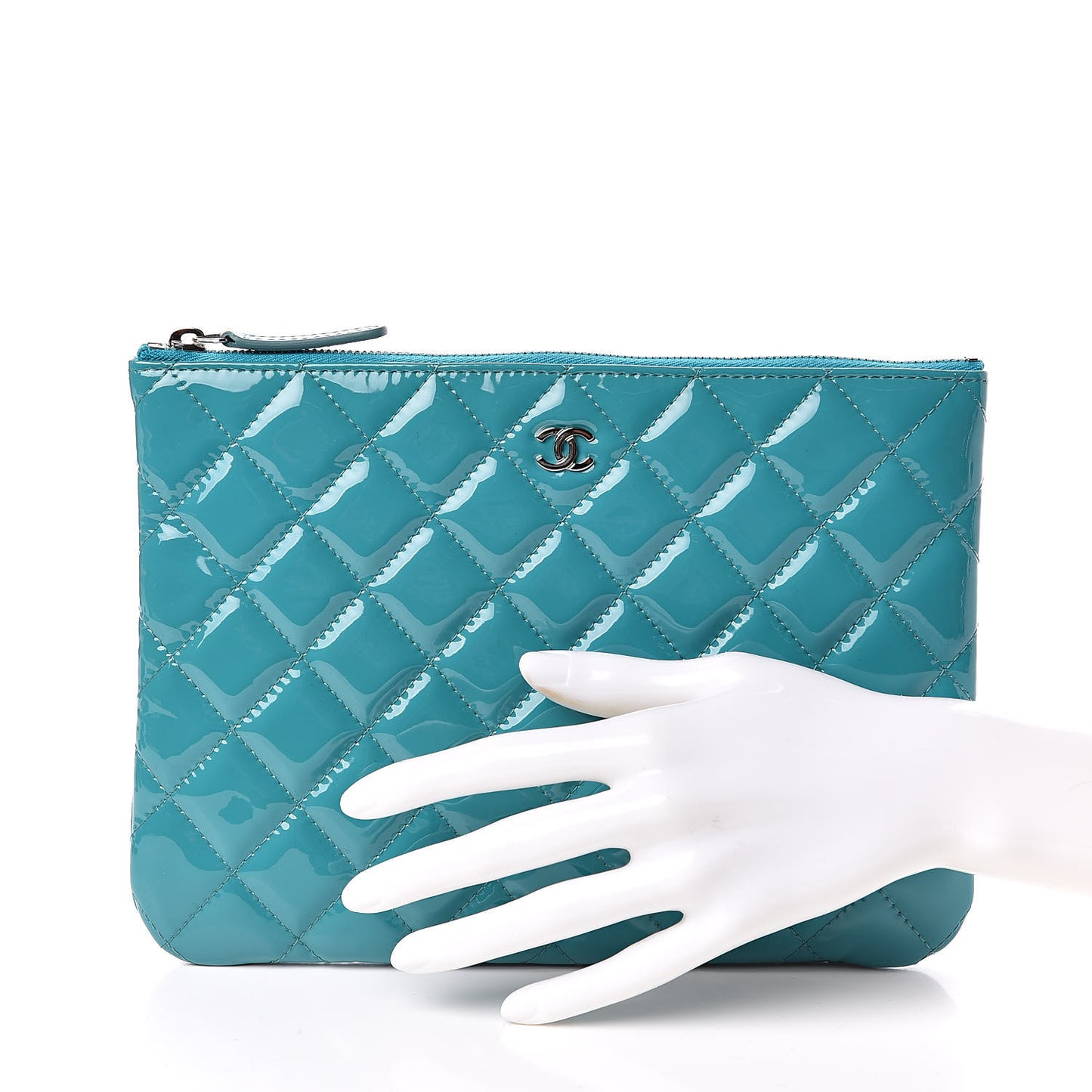 Patent Calfskin Quilted Medium Cosmetic Case Blue