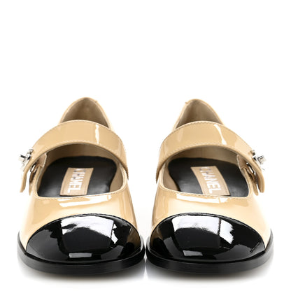 Chanel Patent Calfskin Mary Janes Flats 37 Beige Black 3 of 10