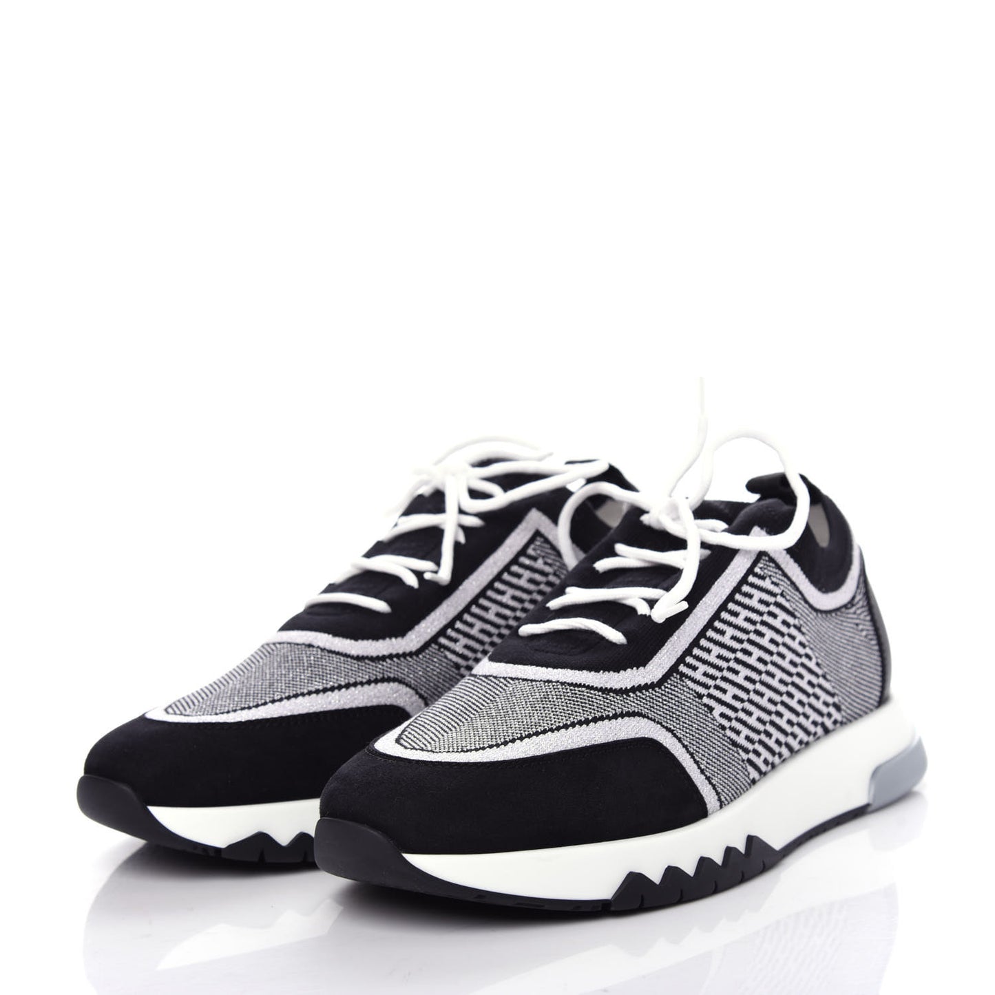 Knit Calfskin Suede Goatskin Bi-Color Womens Addict Sneakers 38 Black White