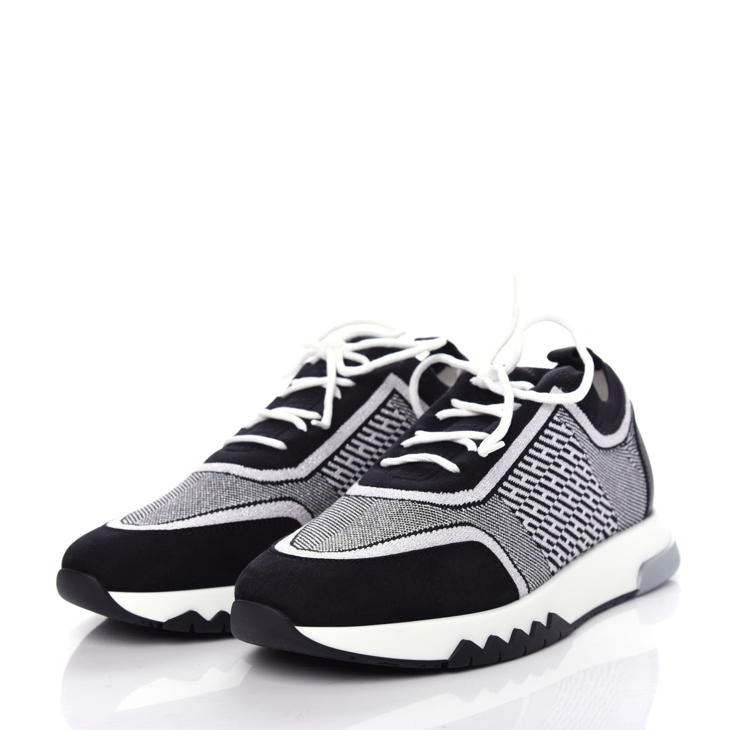 Hermes Knit Calfskin Suede Goatskin Bi-Color Womens Addict Sneakers 38 Black White 3 of 11