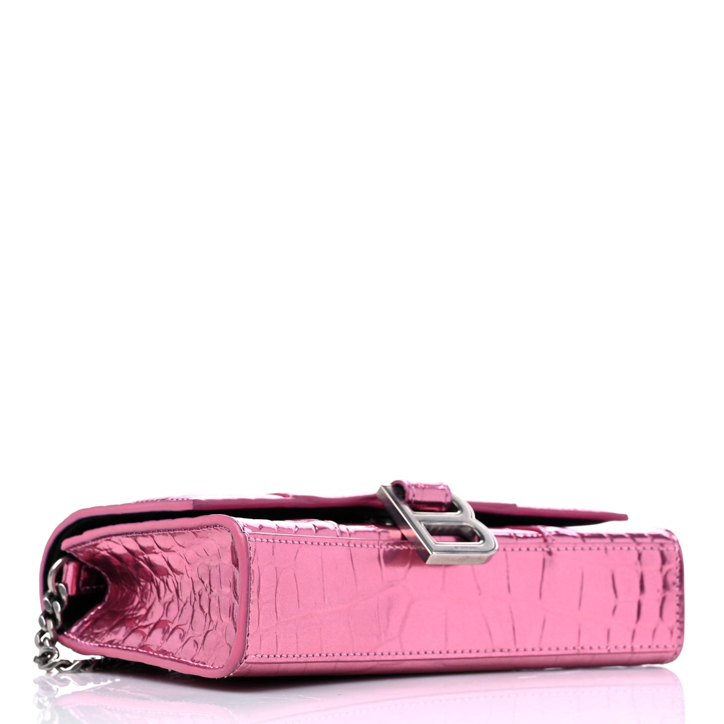 Metallic Shiny Calfskin Crocodile Embossed Hourglass Chain Bag Pink