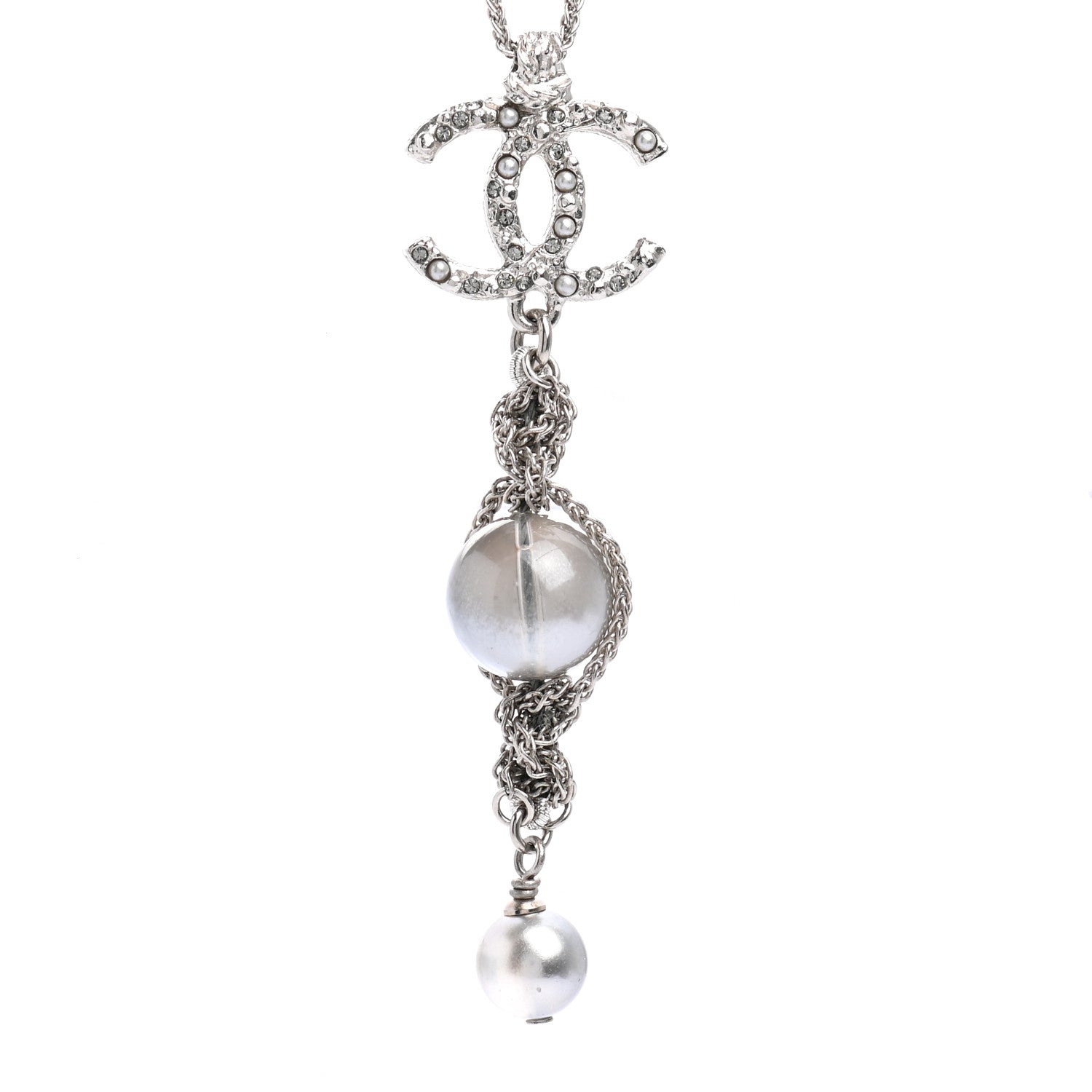 Chanel Pearl Crystal Resin CC Drop Necklace Silver Dark Grey 4 of 7