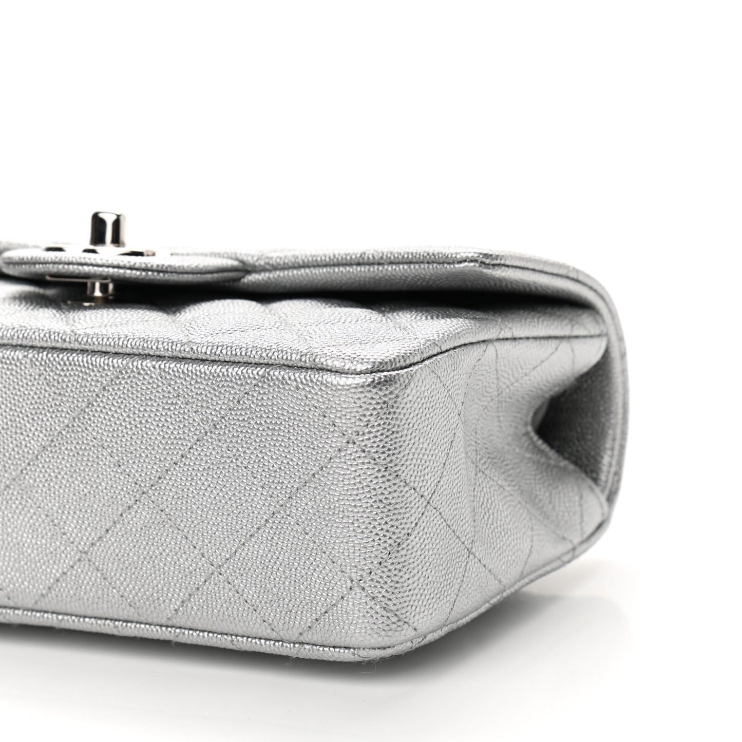 Metallic Caviar Quilted Mini Top Handle Rectangular Flap Silver
