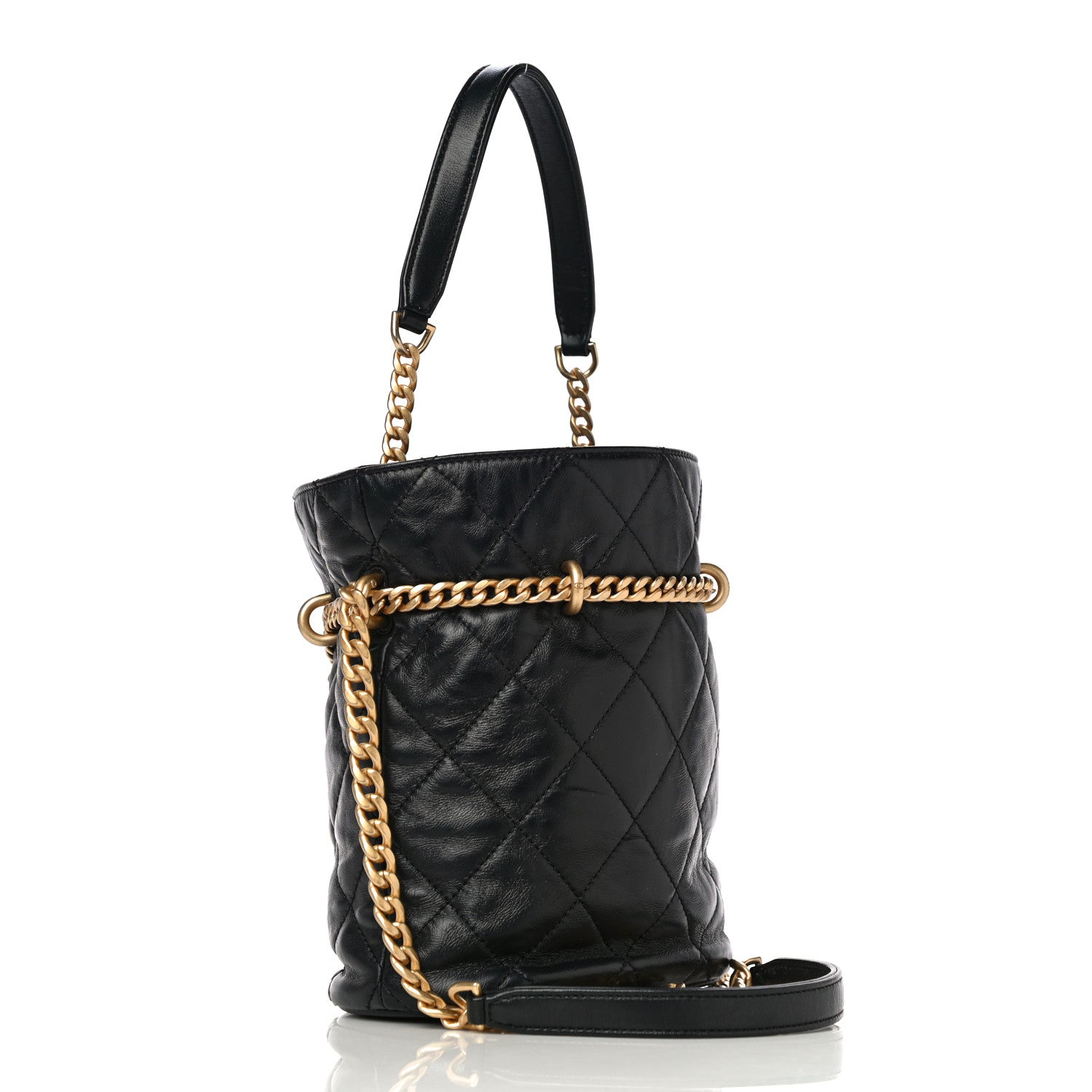 Chanel Lambskin Enamel Quilted Pending CC Bucket Drawstring Bag Black 3 of 15