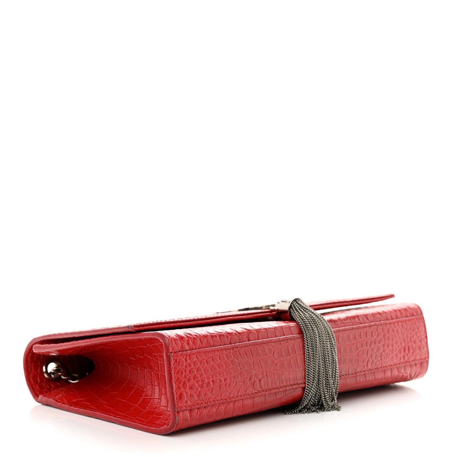Saint Laurent Calfskin Crocodile Embossed Medium Classic Monogram Kate Tassel Satchel New Red 4 of 11