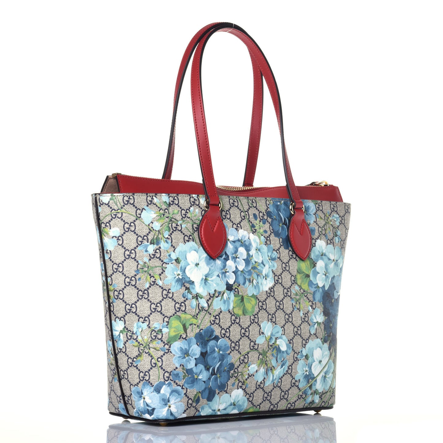 GG Supreme Monogram Blooms Medium Zippered Bucket Tote Beige Blue Navy Hibiscus Red