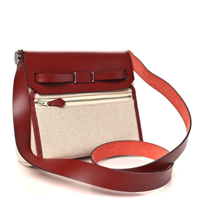 Hermes Toile H Viking Vache Hunter Herbag Zip Retourne 20 Ecru Beige Rouge H 4 of 10
