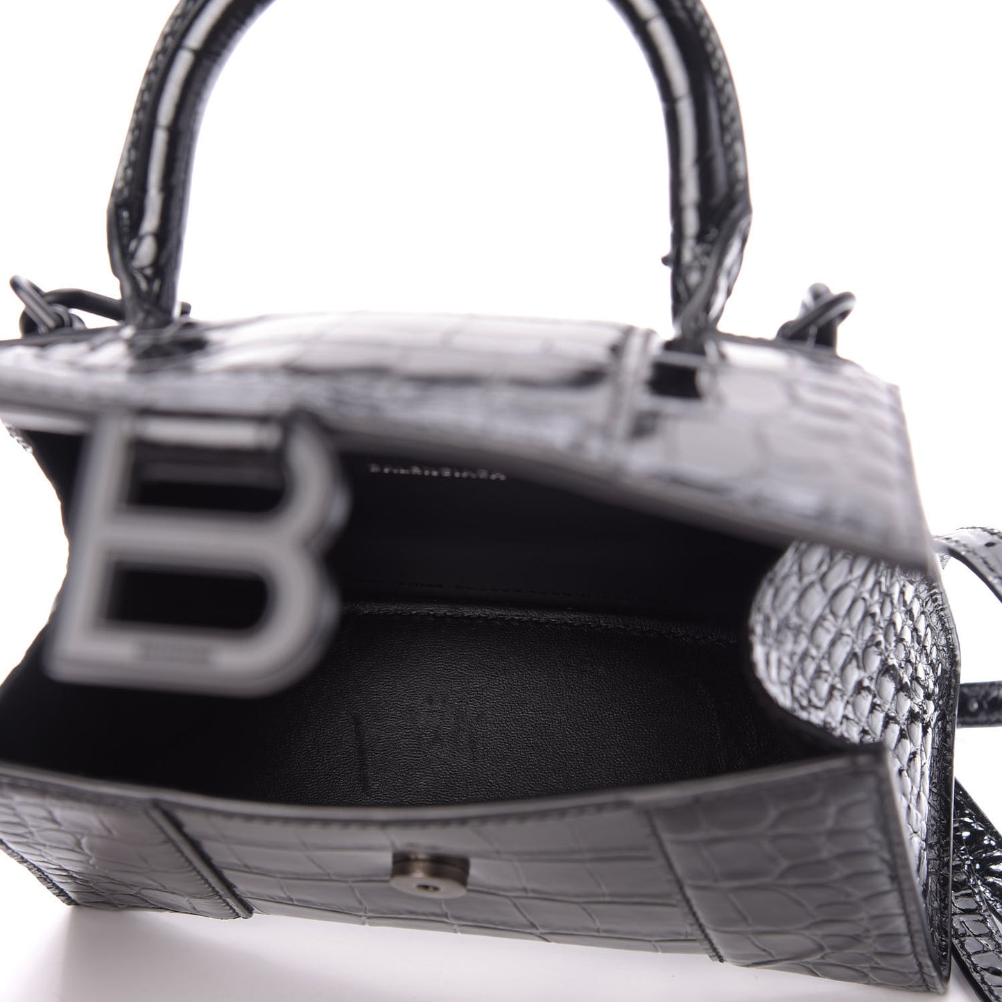 Shiny Calfskin Monochrome Crocodile Embossed Hourglass Top Handle Bag XS Black