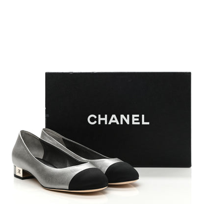 Chanel Metallic Calfskin Grosgrain Cap Toe CC Ballerina Flats 37 Silver Black 9 of 9