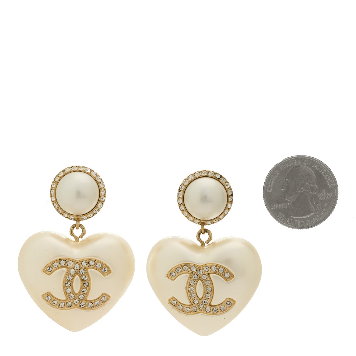 Chanel Pearl Crystal CC Heart Drop Earrings Gold 2 of 4