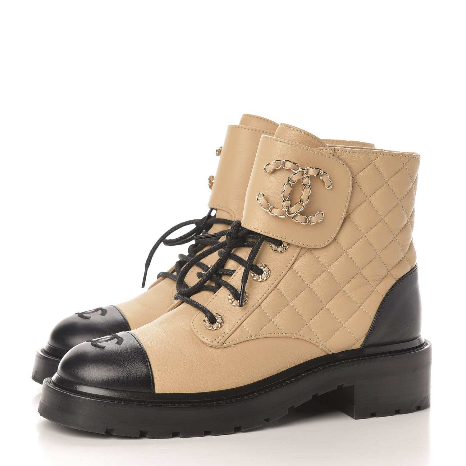 Chanel Lambskin Calfskin Quilted Lace Up Combat Boots 38.5 Beige Black 3 of 9
