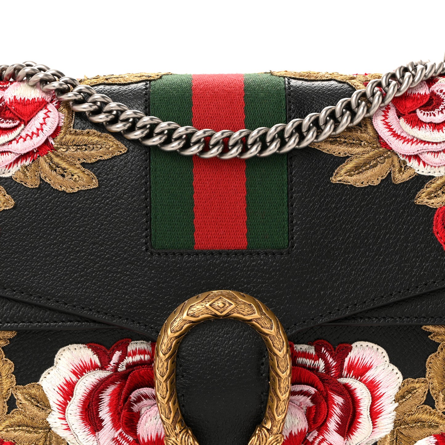 Calfskin Web Floral Embroidered Medium Dionysus Shoulder Bag Black