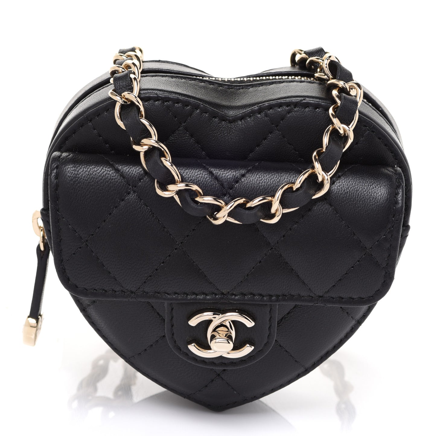Lambskin Quilted CC In Love Heart Waist Belt Bag With Chain Black