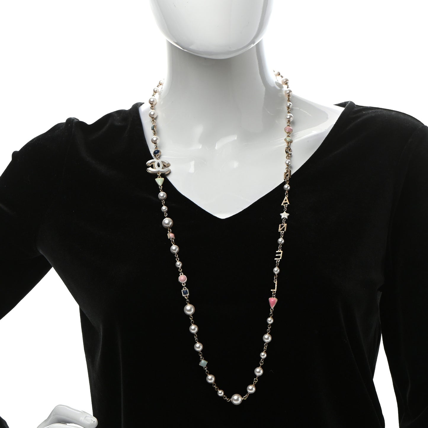 Pearl Beaded CC Logo Long Necklace Gold Multicolor