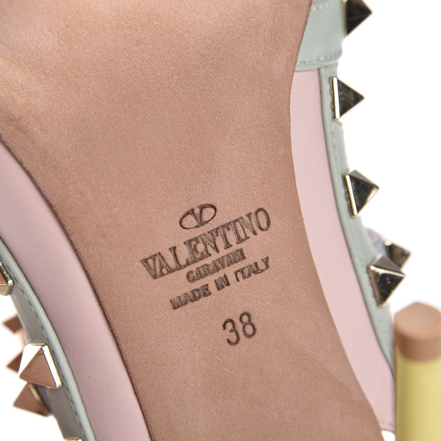 Nappa Watercolor Rockstud Ankle Strap 100mm Pumps 38 Rose Green Yellow Sky